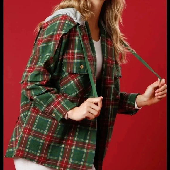 NEW Plaid Shacket Hoodie with Sequin Santa on Back - Picture 6 of 9